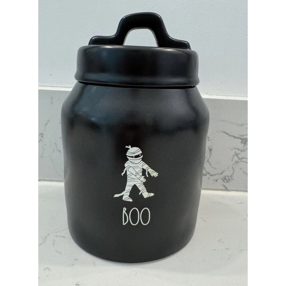 Rae Dunn Halloween BOO Mummy Ceramic Canister Jar w/ Lid Black NEW